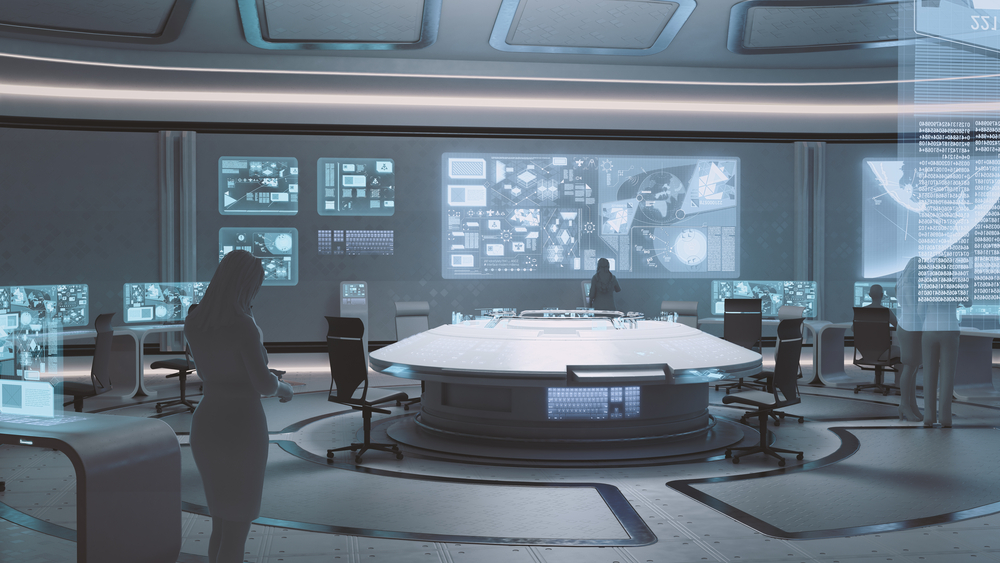 Image of a futuristic command centre with shadow figures