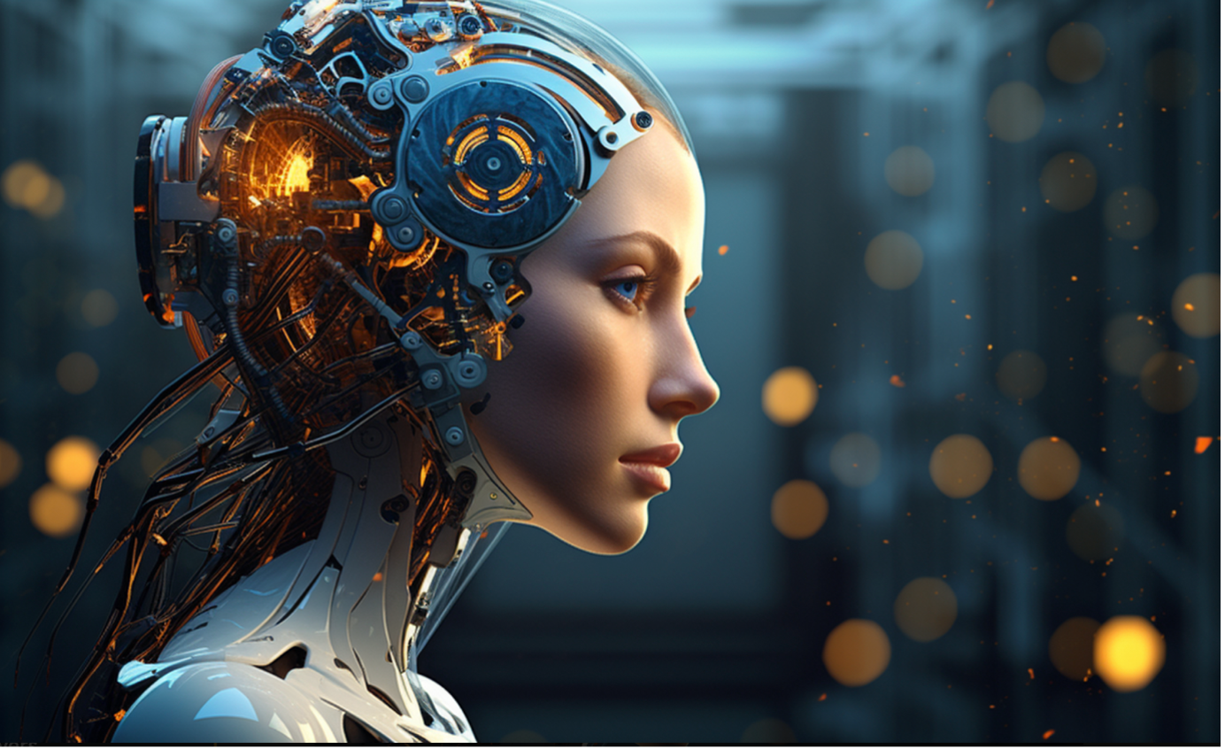 Cutaway image of a pretty female robot, showing artificial brain.