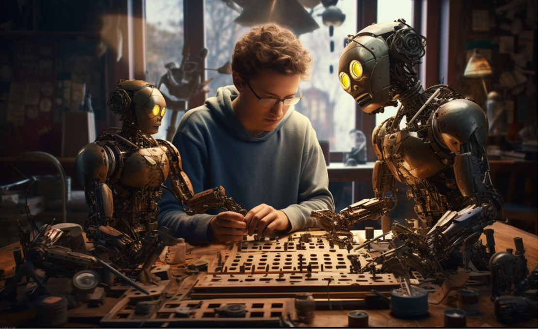 Young man playing a futuristic board game against a robot, while a second robot advises him