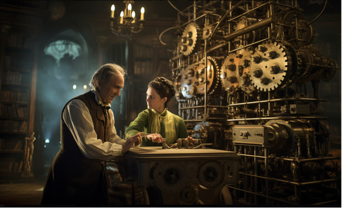 Artist's impression of Charles Babbage discussing with Ada Lovelace his concept of an "Analytical Engine"