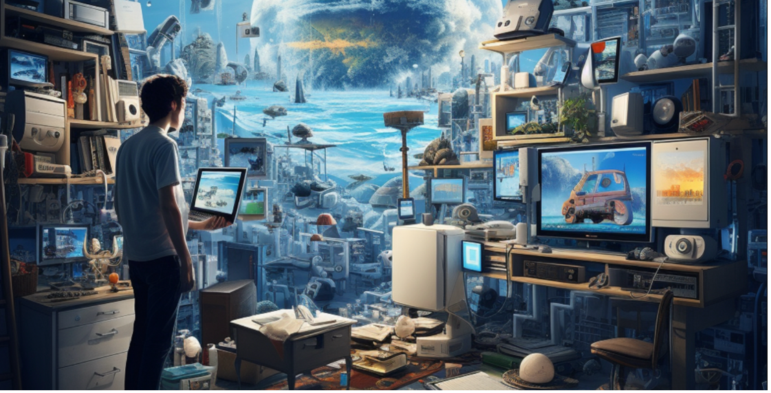 Artist's impression of a futuristic dwelling, with a young man looking at many domestic appliances all connected to each other through the "Internet of Things"