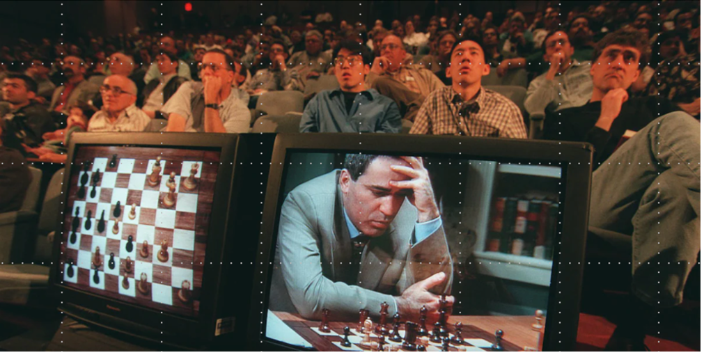 Composite Newspaper image of the 1997 Chess match between IBM's Deep Blue and Gary Kasparov