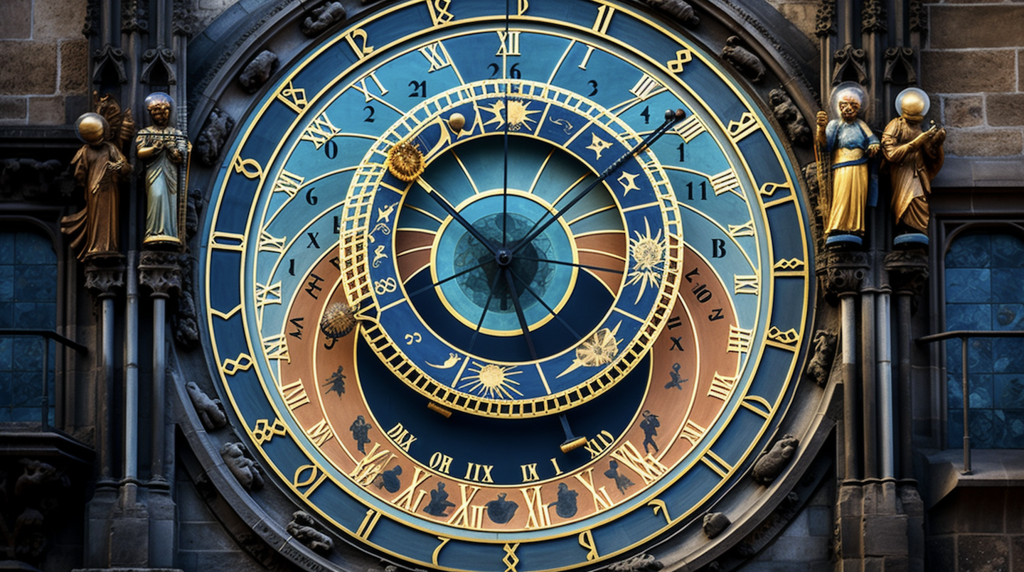 AI-generated image of an astrological clock with roman numerals and zodiacal signs