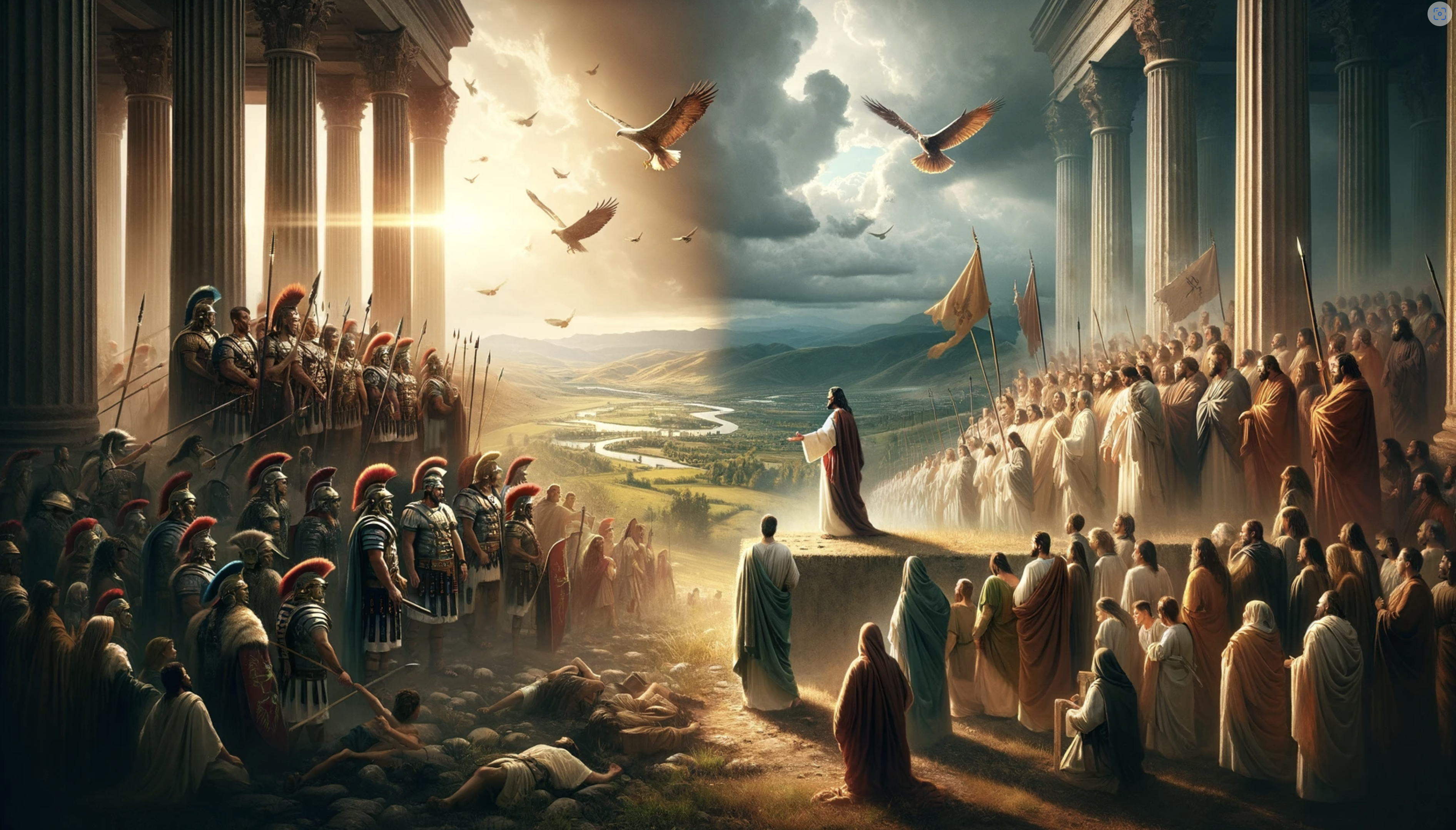 Jesus, standing in front of a large crowd of his disciples, faces a Roman Army.