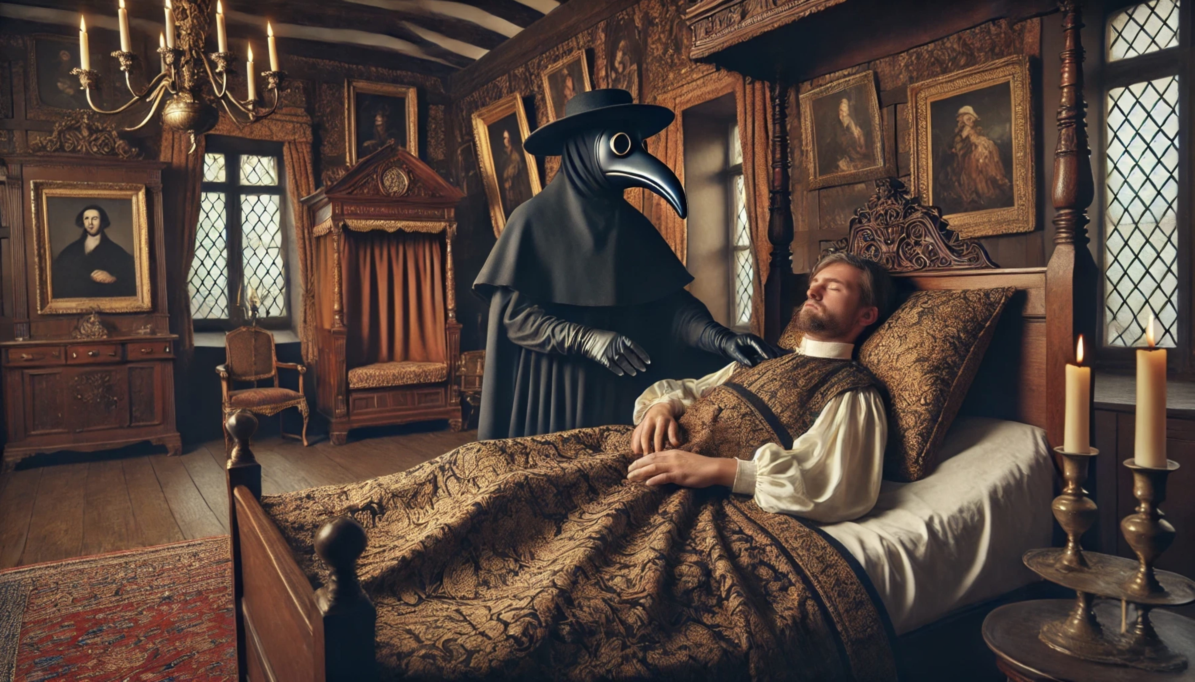 A Plague Codtor during the Black Death in England standing at the bedside of a sick aristocrat.