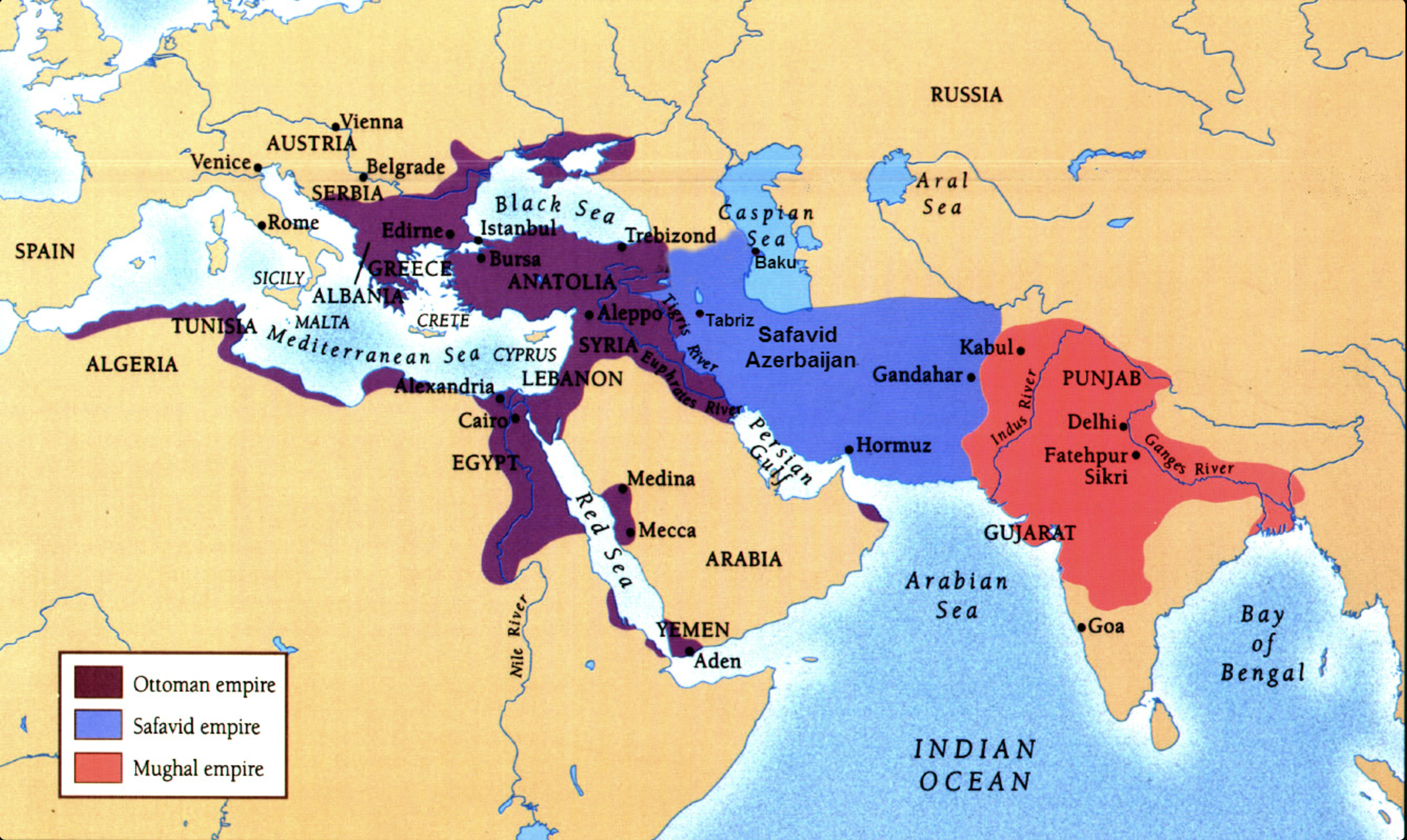 Map of the Ottoman, Safavid, and Mughal Empires