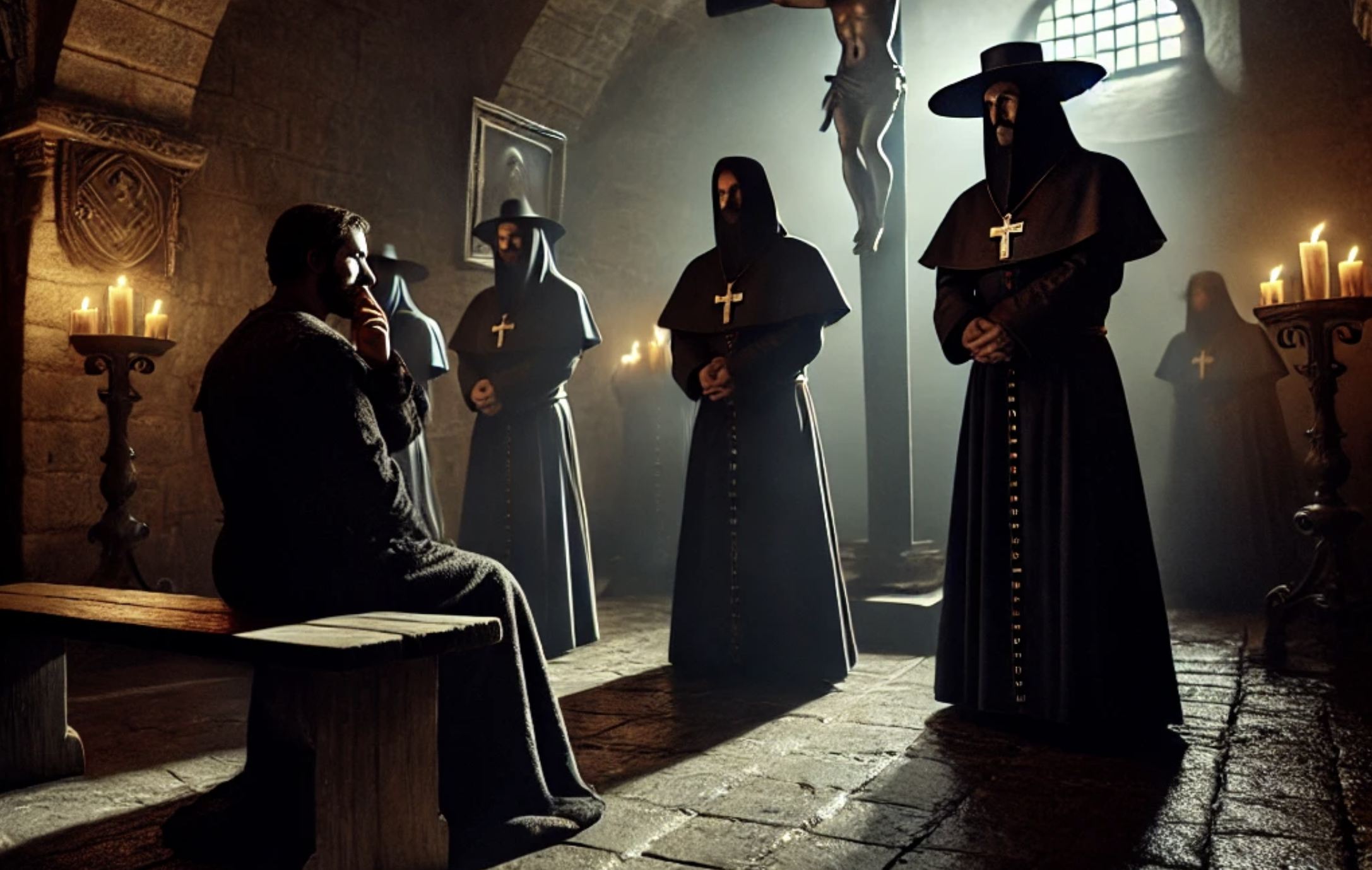 Inquisitors in black robes interrogate a worried-looking man.