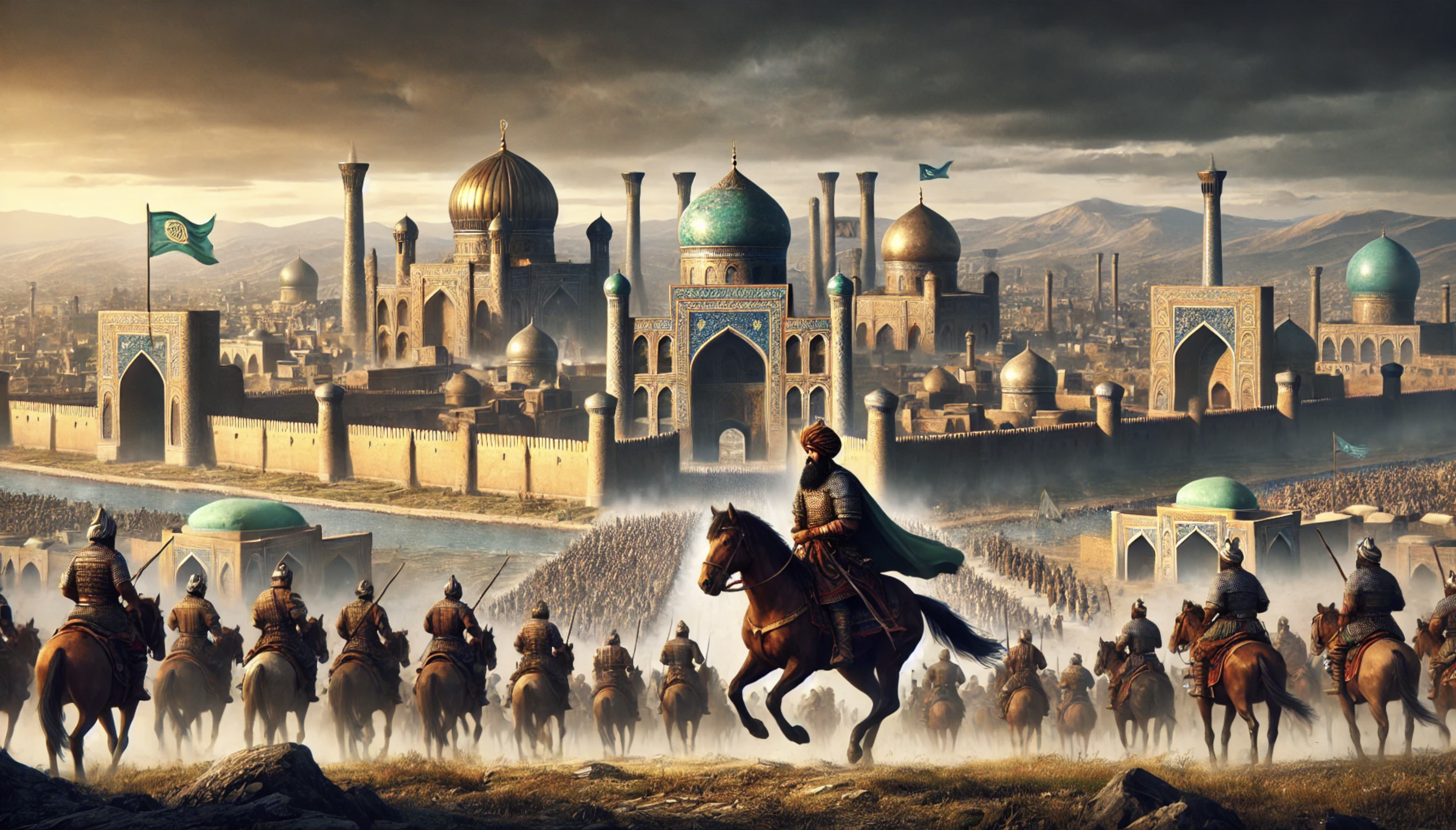 Timur the lame rides at the head of his army, with  his capital city of Samarkand in the background