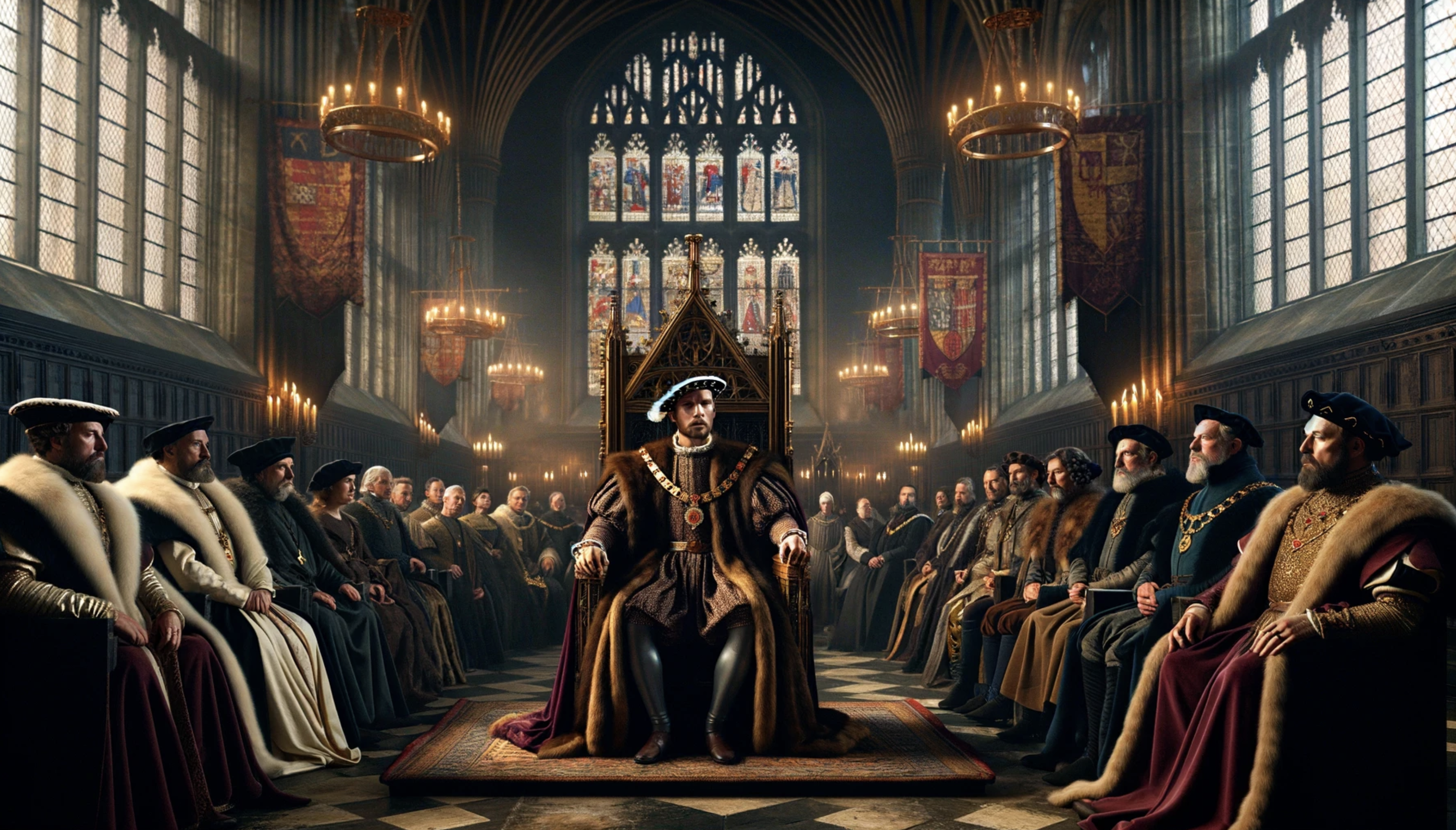 King Henry VII on his throne in Westminster Hall, surrounded by his Court