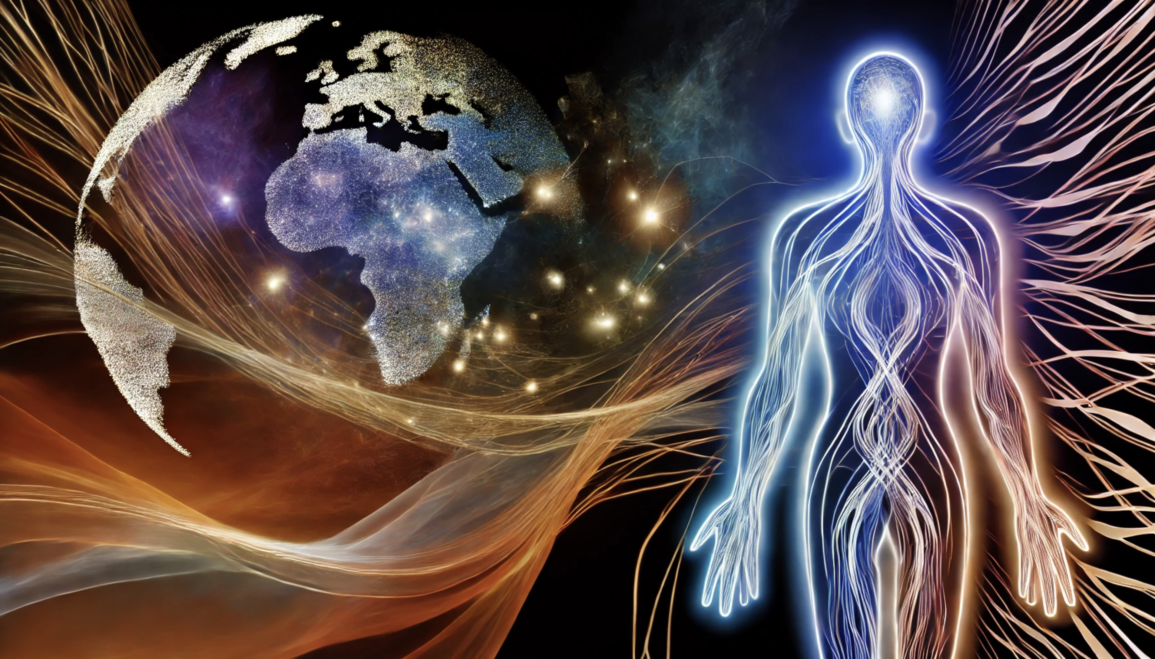 Outline of a person looking at the world as if from space. Waves of energy connect then together, and extend beyond each.