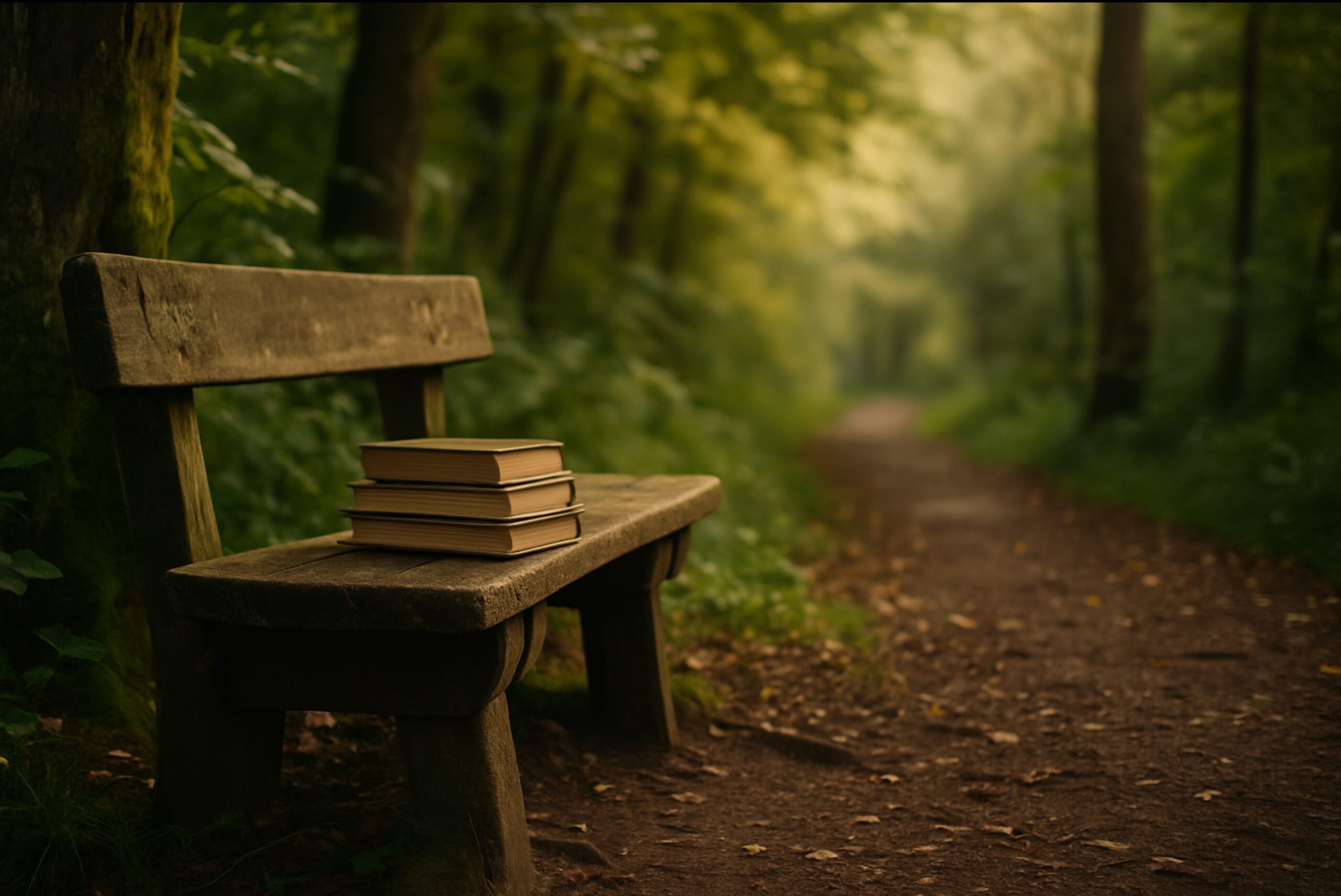 Philosophers Bench Three old books on a philosophers' bench deep in a forest